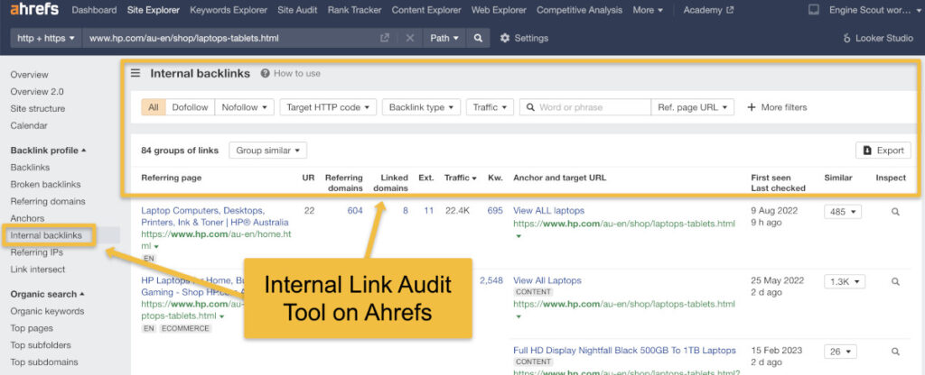 Internal Link Audit example